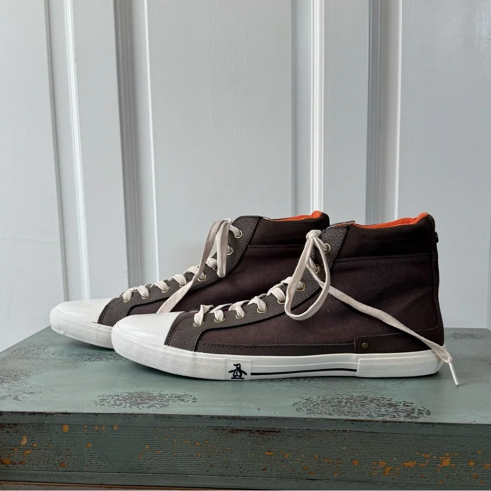 Penguin High-Top Canvas Sneakers in Brown and White - Men's Sz 10.5